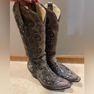 Corral Boots G1069 Ladies Western Tall Black~Brown-Ivory Inlay